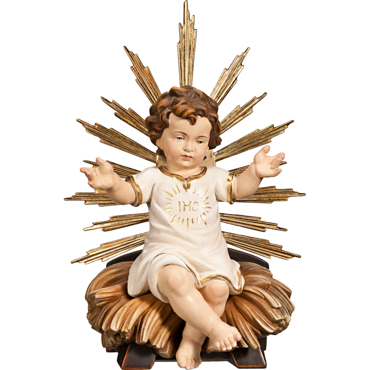 Niño Jesús vestido IHS sentado en cuna con aureola